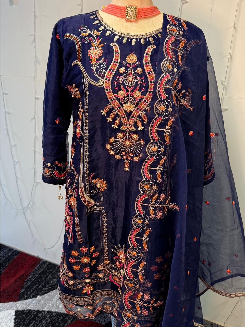 Ethnic Indian Wear Navy Blue Embroidered Salwar Kameez with Coral Accents